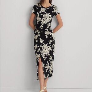 NWT Ralph Lauren black & cream floral jersey twist-front midi dress